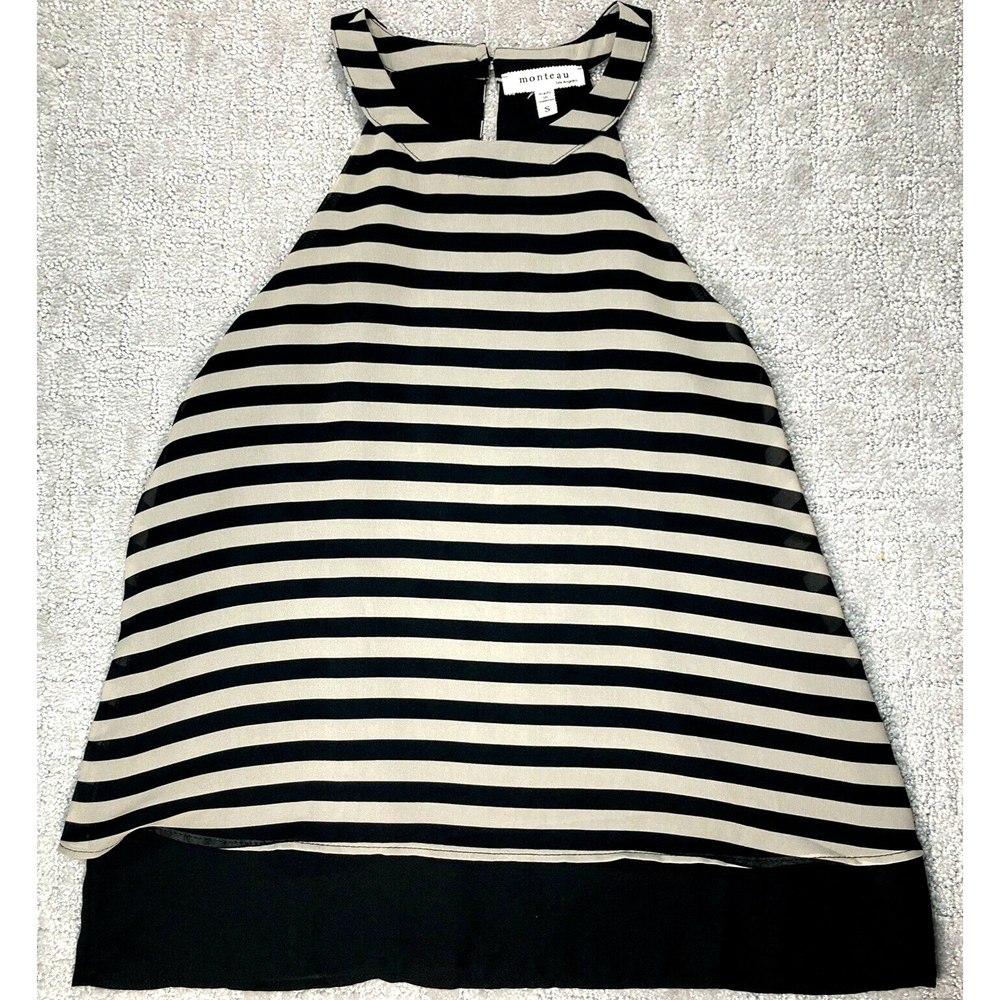 Monteau Women's Striped Black and Beige Layered Tank Top Blouse, Size Sm…